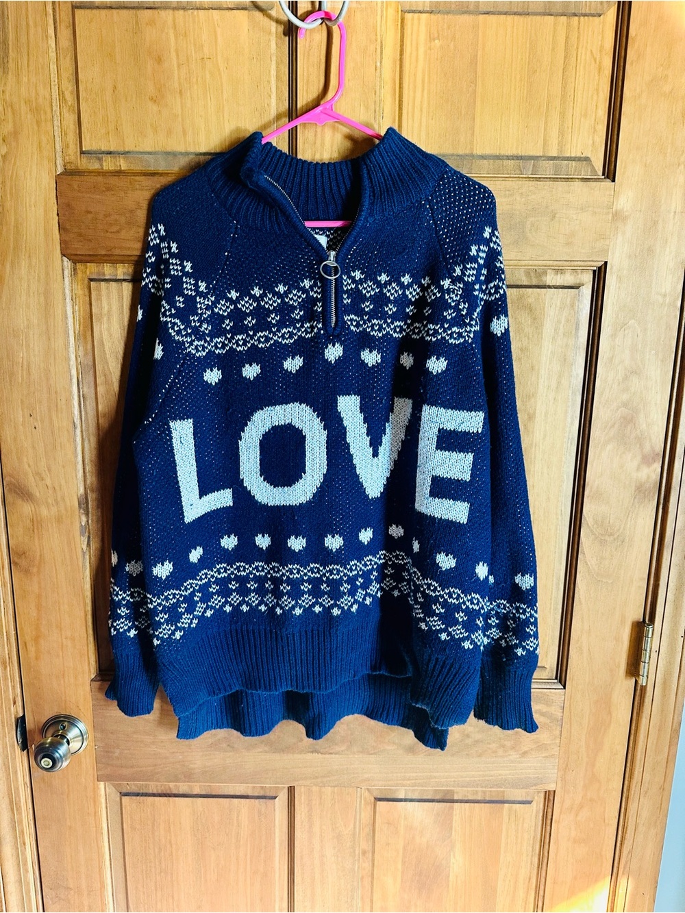 aerie Navy quarter Zip 'LOVE' Knit cozy warm Sweater Size medium